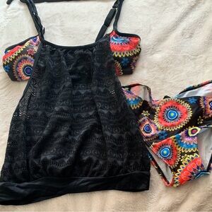 WOMAN’S TANKINI NEW SIZE L FLOWERED TOP WITH ATTACHED BLACK MESH & BAKINI BOTTOM